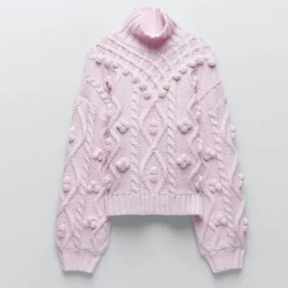 Zara Knit Pom Pom Turtleneck Sweater Light Pink Blogger Fav Size Large - Picture 4 of 10